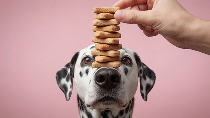 ein Dalmatiner hat gestappelte Leckerlis auf seiner Schnauze liegen und guckt in die Kamera