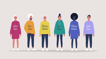 Gendern, damit sich alle angesprochen fühlen? (Foto: © stock.adobe.com/Nadia Snopek) Männliche, weibliche und diverse gezeichnete Figuren mit unterschiedlichen Pronomen.