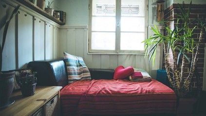 WG-Zimmer-Ansicht mit Fenster, Sofa und Palme.