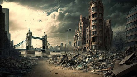 Durch ein postapokalyptisches London laufen? – In Fallout London möglich. (Foto: © stock.adobe.com/Kemal) Ausblick auf Tower Bridge in postapokalyptischem Szenario.