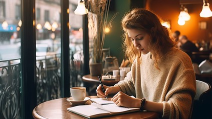 Eine Frau sitzt im Café und lernt.