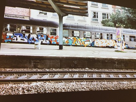 Eine mit Graffiti bemalte Bahn in Hamburg