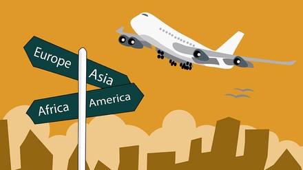 Bei einem Auslandssemester steht dir die Welt offen. (Foto: © stock.adobe.com/Steadler) Comic-Flugzeug und Wegweiser mit Kontinenten auf senfgelbem Hintergrund.