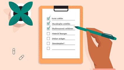 Comicausschnitt von Hand über Checkliste, die Dinge abhakt, bspw. 'Kurse wählen'.