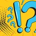 Hellblaue Frage- und Ausrufezeichen auf gelbem Hintergrund im Comic-Style.