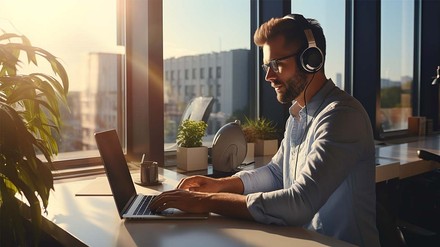 Junger Mann mit Bart, Brille und Kopfhörern, der am Laptop arbeitet.