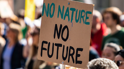 Im Vordergrund Pappschild mit der Aufschrift 'No Nature, No Future', im Hintergrund Köpfe einer Demo.