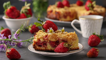 Stückchen Erdbeer-Streuselkuchen auf kleinem Teller mit Erdbeeren und Gänseblümchen drapiert.