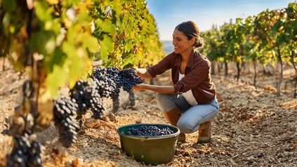 Junge Frau sammelt Weintrauben in einem Weinberg bei Sonnenschein