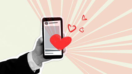 Bildcollage von Hand, Smartphone und Herzen, die aus dem Handy kommen.