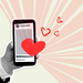 Bildcollage von Hand, Smartphone und Herzen, die aus dem Handy kommen.