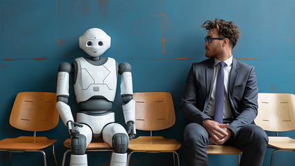 Junger Mann im Anzug neben Roboter - beide warten auf ihr Vorstellungsgespräch.