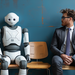 Junger Mann im Anzug neben Roboter - beide warten auf ihr Vorstellungsgespräch.