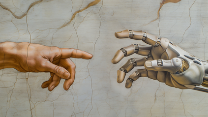 Gemälde mit Menschenhand und Cyborg-Hand.