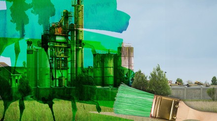 Industrieanlage wird mit einem Pinsel grün gestrichen.