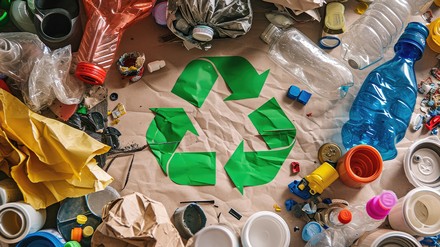 Diverse Abfälle liegen in einem Kreis, im Zentrum ist dein symbolischer Kreis aus drei grünen Pfeilen