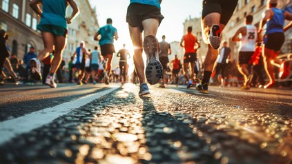 Die Füße von vielen verschiedenen Läufern bei einem Marathon