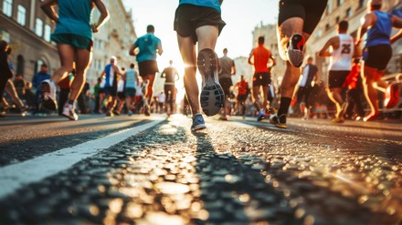 Die Füße von vielen verschiedenen Läufern bei einem Marathon