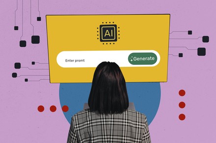 Frau sitzt vor grafisch dargestelltem Bildschirm auf dem ein KI-Chatbot abgebildet ist.