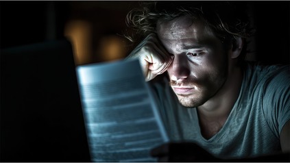 Junger Mann liest im Dunkel von einem Blatt, erleuchtet vom Licht seines Monitors
