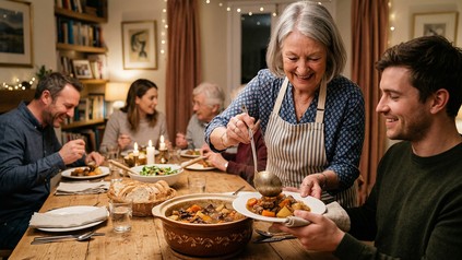Ältere Frau serviert ihrer glücklichen Familie ein selbst gekochtes Abendessen. Die Großmutter lädt zu einem festlichen Essen mit Rindergulasch ein. Mehrere Generationen sitzen gemeinsam in einem gemütlichen Esszimmer.