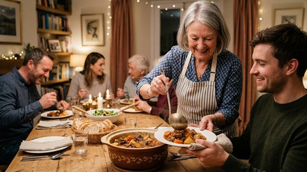 Ältere Frau serviert ihrer glücklichen Familie ein selbst gekochtes Abendessen. Die Großmutter lädt zu einem festlichen Essen mit Rindergulasch ein. Mehrere Generationen sitzen gemeinsam in einem gemütlichen Esszimmer.