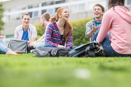 Junge Menschen sitzen auf dem Campus in der Wiese