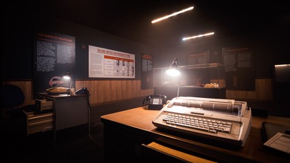 Ein Raum aus der Ausstellung über Serienkiller. Abgebildet ist eine alte Schreibmaschine.