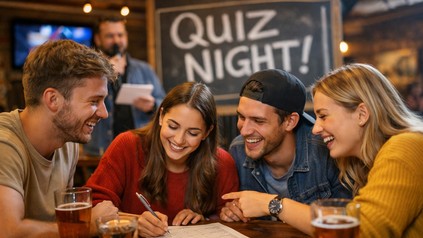 Eine Gruppe junger Erwachsener sitzt in einer Bar an einem Tisch und nimmt gemeinsam an einem Quizabend teil.