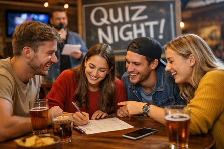 Eine Gruppe junger Erwachsener sitzt in einer Bar an einem Tisch und nimmt gemeinsam an einem Quizabend teil.