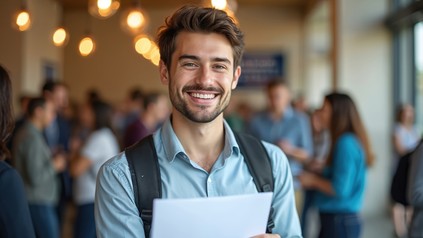 Junger Mann schaut lächelnd in die Kamera und hält dabei einen Schreibblock