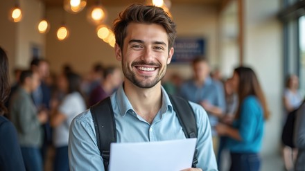 Junger Mann schaut lächelnd in die Kamera und hält dabei einen Schreibblock
