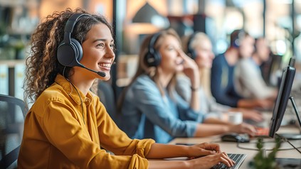 Junge Frau in einem Call Center am Telefon.