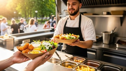Foodtruck mit Kunden, zwei Portionen Pommes und einer Servicekraft