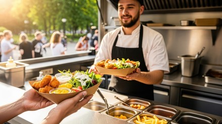 Foodtruck mit Kunden, zwei Portionen Pommes und einer Servicekraft