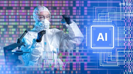 Eine Wissenschaftlerin arbeitet im Labor mit einem Mikroskop, unterstützt durch Künstliche Intelligenz in der chemischen Forschung.