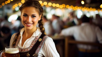 Junge Bedienung im Dirndl mit Bierkrug in der Hand.