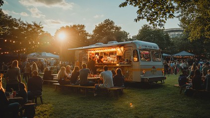 Sommer mit Abendstimmung, Menschen sitzen draußen, ein Foodtruck