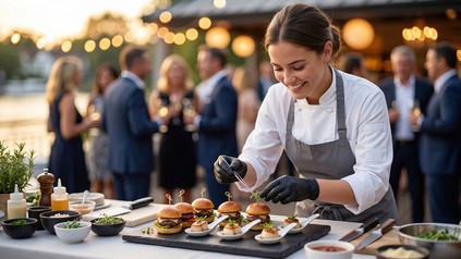 Lächelnde Köchin mit schwarzen Handschuhen, die bei einer Gartenparty im Freien Gourmet-Slider anrichtet.