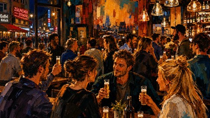 Illustration einer Kneipenszene im Kwartier Latäng: Menschen stoßen mit Kölsch-Gläsern an, im Hintergrund das Schild „Zülpicher Straße.