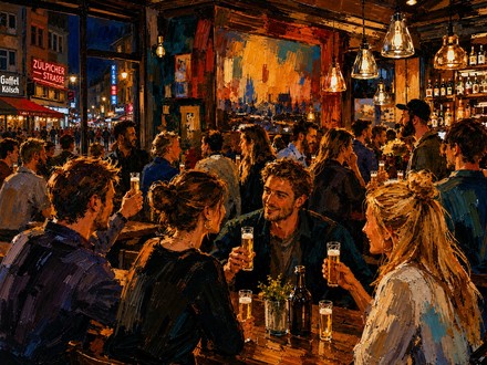 Illustration einer Kneipenszene im Kwartier Latäng: Menschen stoßen mit Kölsch-Gläsern an, im Hintergrund das Schild „Zülpicher Straße.