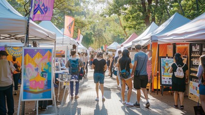 Blick auf ein Straßenfest mit diversen Ständen, welche Kunst anbieten. Man sieht Menschen von hinten durch das Fest gehen.