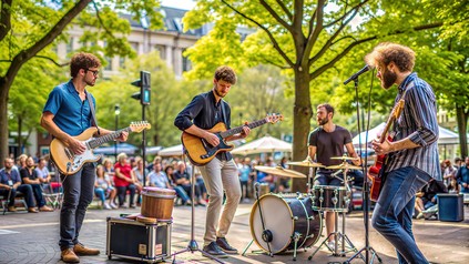 Eine Band, bestehend aus vier Musikern, spielt auf einem Platz im Freien vor Publikum.