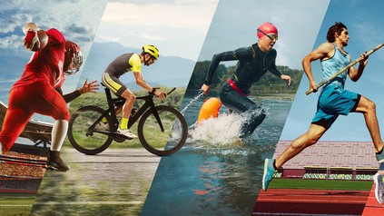 Mehrere bildausschnitte mit Sportlern: ein Footballer, ein Radfahrer, eine Schwimmerin und eine Mann beim Stabhochsprung