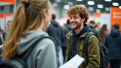 Zwei junge Menschen stehen auf einer Messe. Beide sind gut gelaunt und lachen.