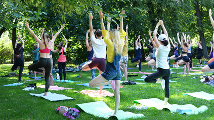 Junge Menschen praktizieren Yoga auf einer Wiese.